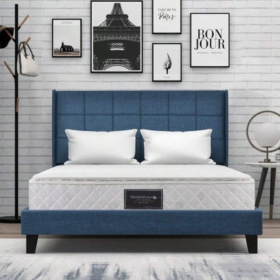 Upholstered Bed With Padded Headboard, Double Bed With Slatted Base, 140x200cm, In Blue Linen, Medium Firmness (With Spring Mattress) - Royal Blue - View 1