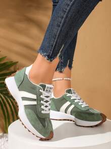 1 đôi giày thể thao nữ thường ngày, giày sneaker đế dày phối vải kiểu retro, giày thể thao năng động mùa xuân/thu mới, giày buộc dây mũi nhọn cổ điển phù hợp cho học sinh, nhân viên văn phòng, đi bộ, chạy bộ và các dịp khác, ngày lễ, họp mặt, kỳ nghỉ. - màu xanh lá - Xem 5