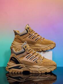 Brown Sneakers, Men's Casual Sneakers, New Fashionable Sneakers, Comfortable, Versatile Thick-Soled Heightening Sneakers Mid Top Lace Up Men's Hiking Shoes - Yellow - View 2