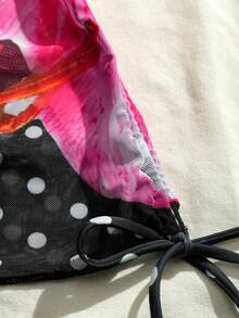 Women's Summer Vacation Beach Floral & Polka Dot Print Halter Tie Bikini 3 Pieces Set - Black - View 8