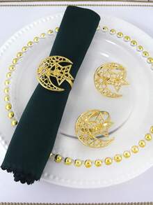 6pcs Gold Hollow Star & Moon Napkin Rings, Suitable For Holiday Party Table Decor, Banquet Napkin Holders