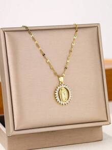 1pc Stainless Steel Virgin Mary Pendant Necklace With Cubic Zirconia, Religious Jewelry, Children's Jewelry - Gold - View 2