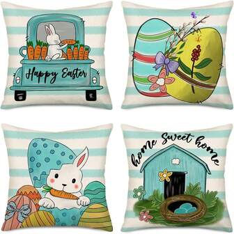 4 piezas, Fundas de almohada de Pascua de primavera con huevos y conejos, Funda de almohada con rayas blancas y azules, Decoraciones de Pascua de primavera y granja con conejos, huevos y flores