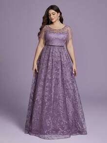 Anpoket (No Fixed Flower) Round-Neck Embroidered Snow Silk See-Through Patchwork Beaded Tassels Velvet Belt Long Skirt - Dusty Purple - View 3