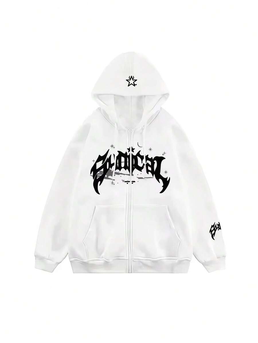 Men's Zipper Retro Hooded Sweatshirt With Star Lettering Multi Functional Casual Jacket, American Fashion 2025 - trắng - Xem 1