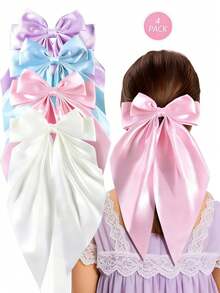 4pcs Fashionable Sparkly Girls' Hair Clips With Large Silky Bow, Suitable For Holidays, Parties And Daily Use - Multicolor - View 5