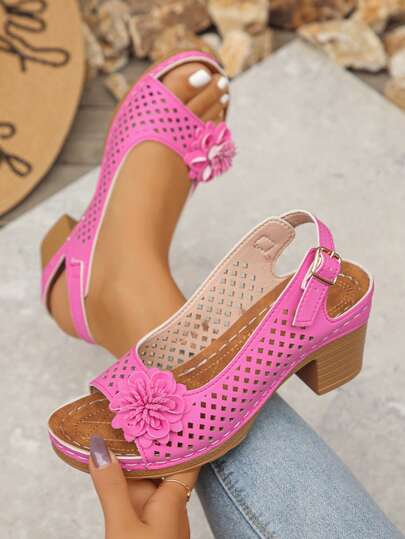 Women's Hollow Flower Decor High Heel Sandals, Solid Color Bohemian Elegant Sporty Resort Avant-Garde Fashion Vintage Sexy Cutout Ladies High Heel Sandals For Holiday, Wedding, School, Resort, Party, Office, Outdoor, Summer,Platform Heels