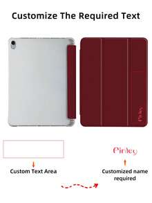 Customized Text Flat Tablet Case, Red Solid Color, Suitable For IPad Mini4/Mini5/Mini6/Mini7, IPad A16 2025, Air 11 13 M2 M3 Pro 11 13 M4 2024, Air 4 5 10th 10.9, Pro 11 9th 8th 7th 10.2 4th 5th 6th Model A8, Customized Text, Tri-Fold Stand, Built-In Pencil Slot, Soft Edge Full Coverage, Minimalist Casual Classic TPU Soft Shell IPad Flip Tablet Case. Note: The Final Font Style Is Subject To The Physical Image, And There May Be Slight Color Differences. - Red - View 3