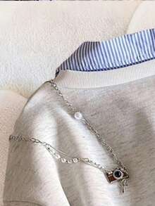 2pcs Young Girl Letter & Stripe Print Warm Sweatshirt Set - Grey - View 6