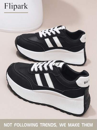 Flipark 1双复古Gump风格厚底休闲鞋，黑白条纹撞色皮革舒适减震低帮运动鞋，适合日常通勤和运动