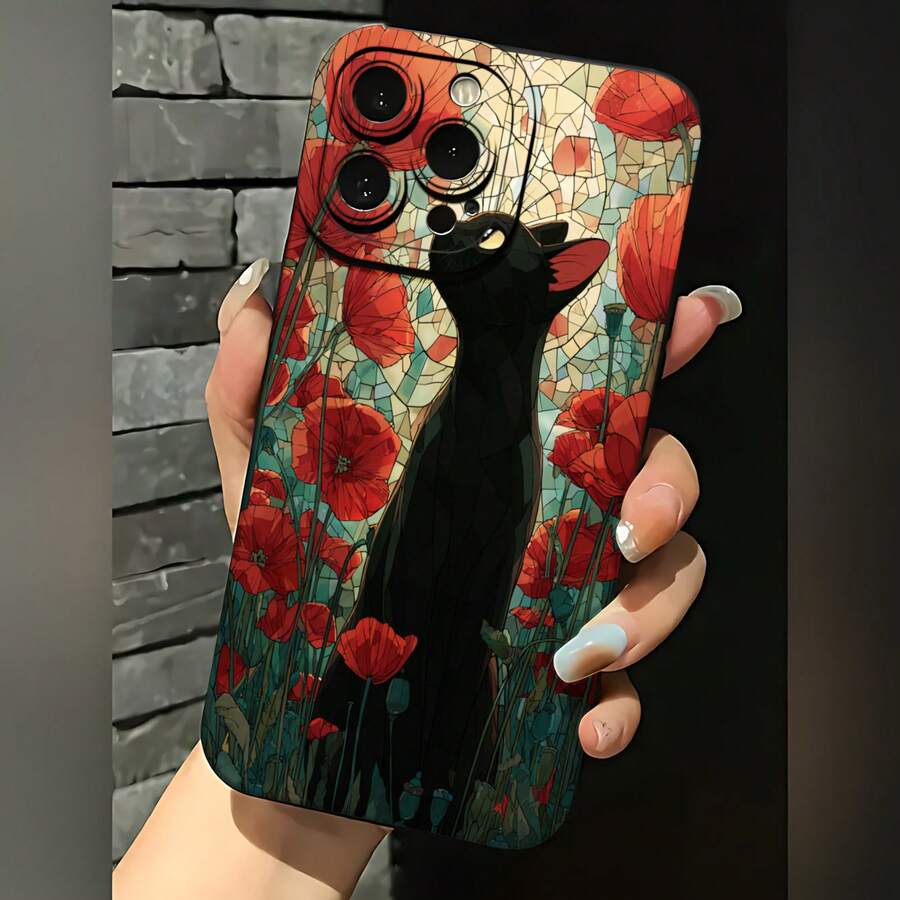 2026 nueva funda de teléfono esmerilada, funda de teléfono con patrón de gato negro y flor de amaranto roja para 17 14 Pro Max 17 13 Pro 17 12 Pro Galaxy S23 S22 S21 funda protectora para teléfono regalo de pareja para novio novia regalo de vacaciones - Negro - Ver 1