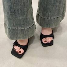 Women's High Heel Slide Sandals, Square Toe, Strap , Kitten Heel, Fairy Style, Summer Fabric, Black Bow, Outdoor High Heels
