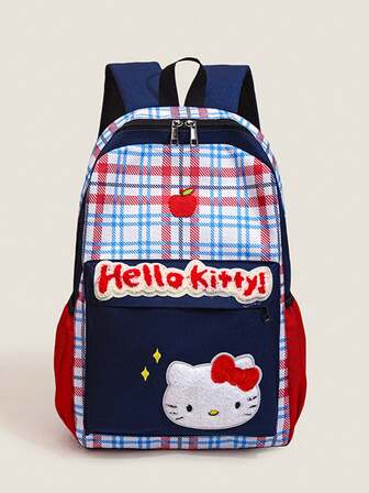  1件装 Sanrio Hello Kitty 时尚可爱卡通单肩包 条纹格纹撞色书包 动漫刺绣休闲运动包 通勤大容量户外徒步背包 格子图案