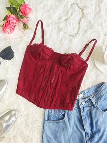 Body de encaje y malla sexy sin espalda para mujeres, camiseta sin tirantes de modelado para el verano - Burdeos - Ver 8