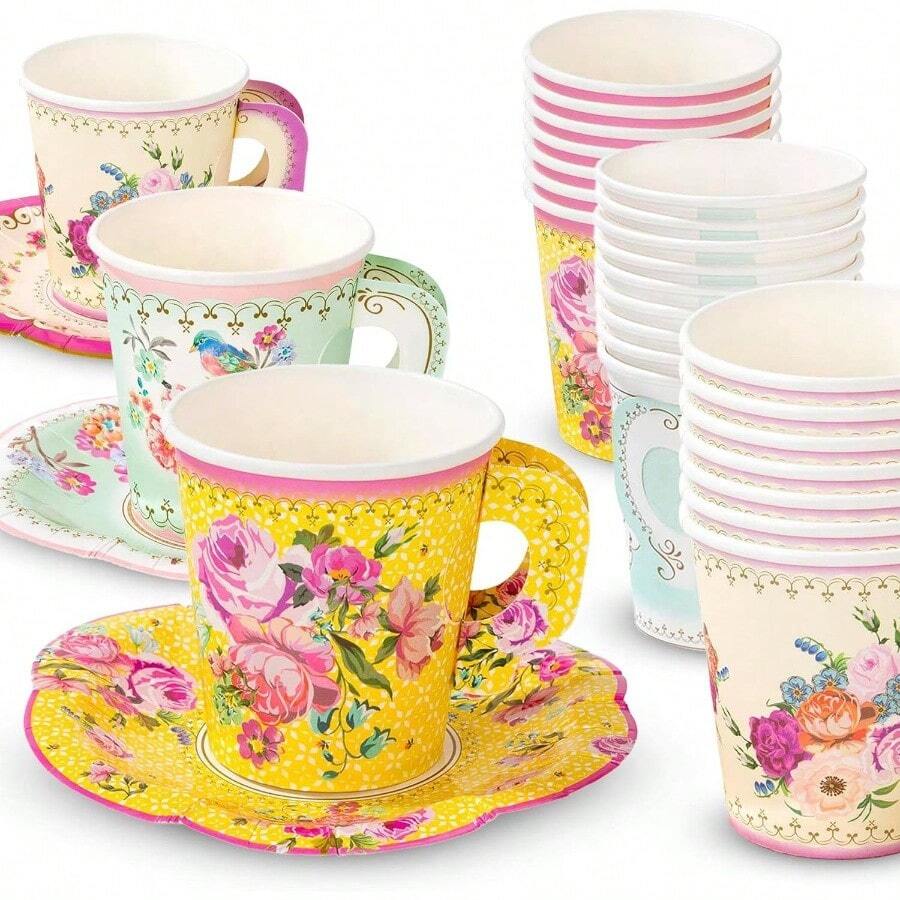 Truly Scrumptious Party Vintage Floral Tea Cups And Saucer Sets, Pack Of 12, Height 8cm, 3 Inch, Mixed Colors - 1 - View 1
