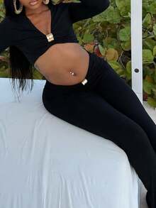 Party Ready 女士黑色长袖露脐上衣和裤子套装 - 黑色 - 查看 10