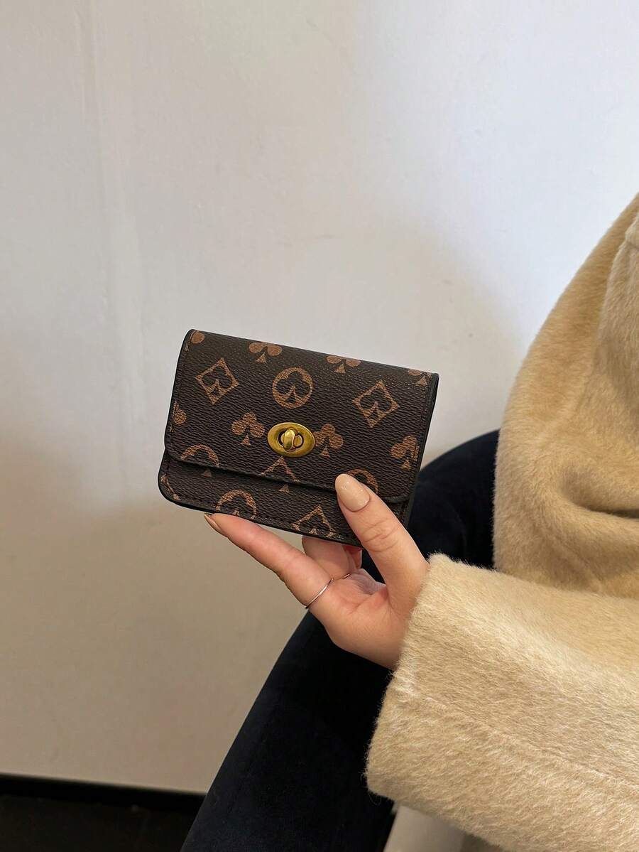 新款女士棕色短款PU皮钱包,随机印花图案,经典复古时尚扭扣短款零钱包,多功能简约手拿包,女士迷你钱包,小钱包,可爱钱包,旅行必备证件夹,身份证夹 - 棕色 - 查看 1
