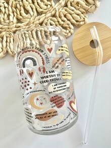 16盎司可重复使用励志语录冰咖啡玻璃吸管杯，带盖和吸管，抹茶吸管杯，可放入洗碗机清洗，高温印刷，不褪色 - 彩色 - 查看 3