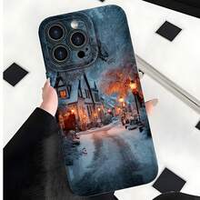 2026 nueva funda de teléfono esmerilada, funda de teléfono con escena de pueblo invernal con calle nevada y luces cálidas para iPhone 17 14 Pro Max 13 12 11  Galaxy S23 S22 S21 S20 Plus, funda de teléfono para pareja, regalo para novio o novia, presente de vacaciones - Negro - Ver 3