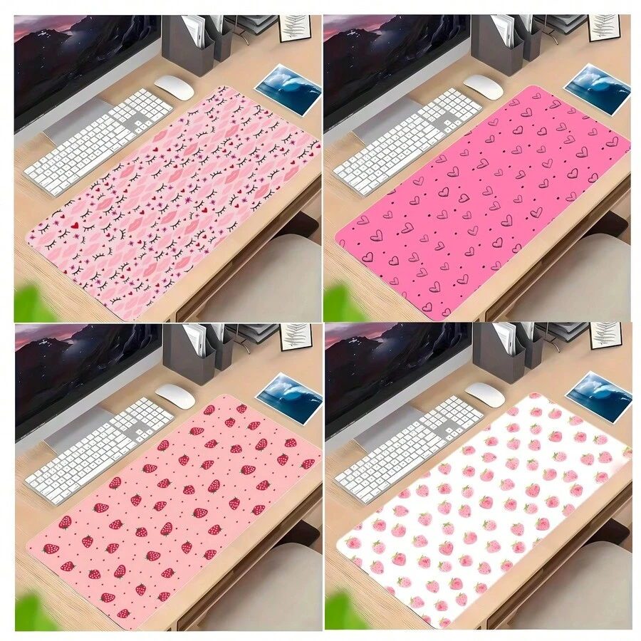 1pc Sweet Heart And Strawberry Pattern Mouse Pad, Long Mouse Pad For Desktop Games, Laptop Mouse Pad, Game Mouse Pad - Multicolor - View 1