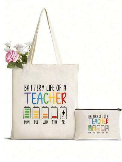 2/1pc Letter Printing Bag Gift For Teachers Tote Bag, Teacher Flower Design, Personalized Wedding Gift Bag, Makeup Bag, Lightweight Shopper Bag, Versatile Storage Bag, For Women, Teacher, Bridesmaid, For Back To School Season, Teacher'S Day