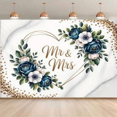 2D平面花卉背景横幅，单件装 - 优雅的蓝白金心形设计，饰以玫瑰和绿叶，适用于婚礼、周年纪念、拍照亭 - 室内外派对装饰