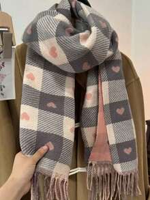 1 buc eșarfă în formă de inimă pentru femei toamnă/iarnă, eșarfă/șal cald în carouri, eșarfă pătură groasă extra mare, potrivită ca și cadou - Multicolor - Vizualizare 4