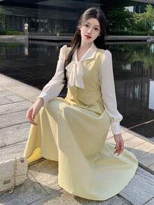 Y6Y Spring New French Style Bowknot Design Long Sleeve High-End Dress For Women - Yellow - View 3