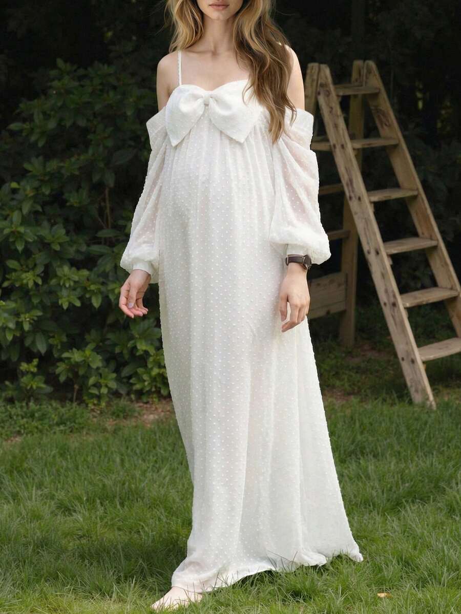 优雅纯色蝴蝶装饰露肩孕妇连衣裙，适合拍照