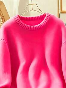 女士柔软舒适纯色针织毛衣上衣，秋季休闲穿搭 - 玫紅色 - 查看 3