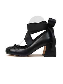 Women's Ballet High Heels Mary Janes Elegant Satin Lace Up Ballerina Chunky Heels Bow Knot Sweet Cute Party Date Versatile Shoes For Women - 黑色 - 查看 2