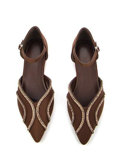 Dam Eleganta Tunn Rem Kristall Kedjedekor Brun Lycra Tyg Mode Spetsig Tå Ihålig Ut Fotledsrem Bekväma Platta Skor För Vardagsbruk Och Fest
