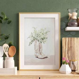 1件乡村风牛仔靴配鲜花图案，无框帆布墙画，中性花卉西部风格儿童房装饰，海岸牛仔女郎美学海报，波西米亚风