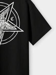 Basic Unisex Gothic Baphomet T-Shirt With Hidden Pentagram Print, Streetwear, Black, 100% Cotton - màu đen - Xem 6