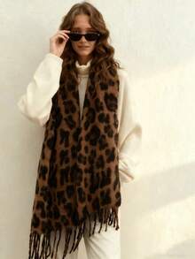 1 Khăn quàng cổ họa tiết da báo 68*200cm dành cho nữ, khăn choàng tua rua bằng vải cashmere giả dày, cổ điển & đa năng, ấm áp cho mùa thu/đông để mặc - Khăn quàng cổ họa tiết da báo - Xem 7