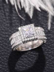 Luxury Square Cubic Zirconia Ring Set, Women's Wedding Party Jewelry, Ideal Gift For Lover Or Mother - Silver - View 9