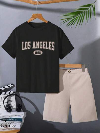 男童字母印花圆领短袖T恤和短裤两件套休闲套装