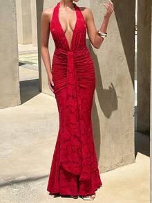 Women's Deep V-Neck Floral Jacquard Fitted Backless Ruffle Hem Sexy Cocktail Dress - Perfect For Date Night, Club Party, And Wedding Guest - Red - View 4