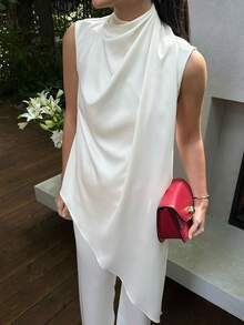 白色高领不对称上衣和阔腿裤套装，优雅的办公室和活动着装 - 白色 - 查看 9