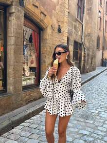 Đầm dự tiệc dài tay chấm bi thanh lịch mới dành cho nữ, đầm tay phồng in chấm bi trắng có cúc và khóa kéo, thích hợp cho kỳ nghỉ xuân. - trắng - Xem 3