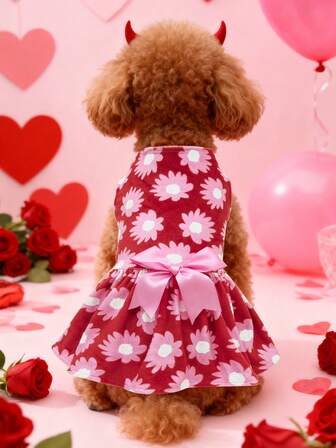 1 st söt prästkrageklänning för hundar med stor rosa rosett - mjuk sammetsklänning för husdjur, lämplig för vardagsbruk och fotograferingar