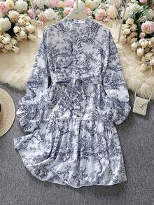 Fashionable Elegant Random Print Long Sleeve Tie Waist Loose Dress