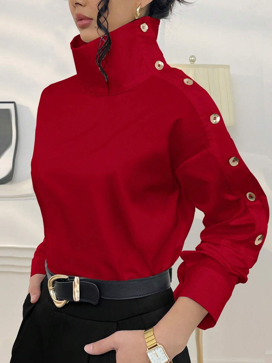 Camisa casual de manga larga con diseño de botones y cuello asimétrico para mujer, primavera