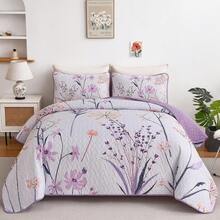 3 Pieces Reversible Botanical Plant Coverlet Set With 2 Pillow Shams, Floral Quilt Set Purple Queen King Size, Quilted Printed Lightweight Bedspread Bedding Set Suitable For Wedding Items, Valentines Day Home Bed Room Decor, Easter Gifts, Mothers Day Gift, All Season - 淡紫色 - 查看 6