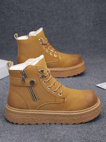 男士靴子，厚底雪地靴，经典亮面皮革侧拉链中筒靴，时尚百搭冬季户外旅行徒步靴，保暖内衬