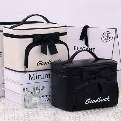 ラッキー 3Dリボー メイクアップバッグ - フレンチラグジュアリー バスルームバッグ、ハンドヘルド ポータブル 大容量 トラベルストレージボックス | マルチレイヤー コンパートメントデザイン + 防水素材 + 取り外し可能なライニング | エレガントな黒と白のデザイン、ビジネス出張に必需品。