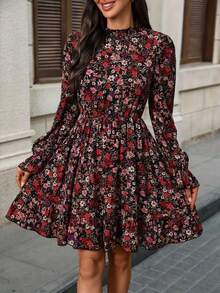 Kleid mit Blume Muster, Boho-Stil, Rüschensaum, Langarm - Schwarz - Übersicht 2