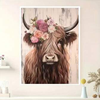 1 pieza Pintura de lienzo vintage sin marco, pintura al óleo impermeable, decoración de pintura de yak pastoral con flores para sala de estar, dormitorio