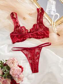 Burgundy Lace Lingerie Set - French Sexy Push-Up Bra And Panty 2 Pieces Set, Vintage Embroidery Seductive Underwear - Burgundy - View 5