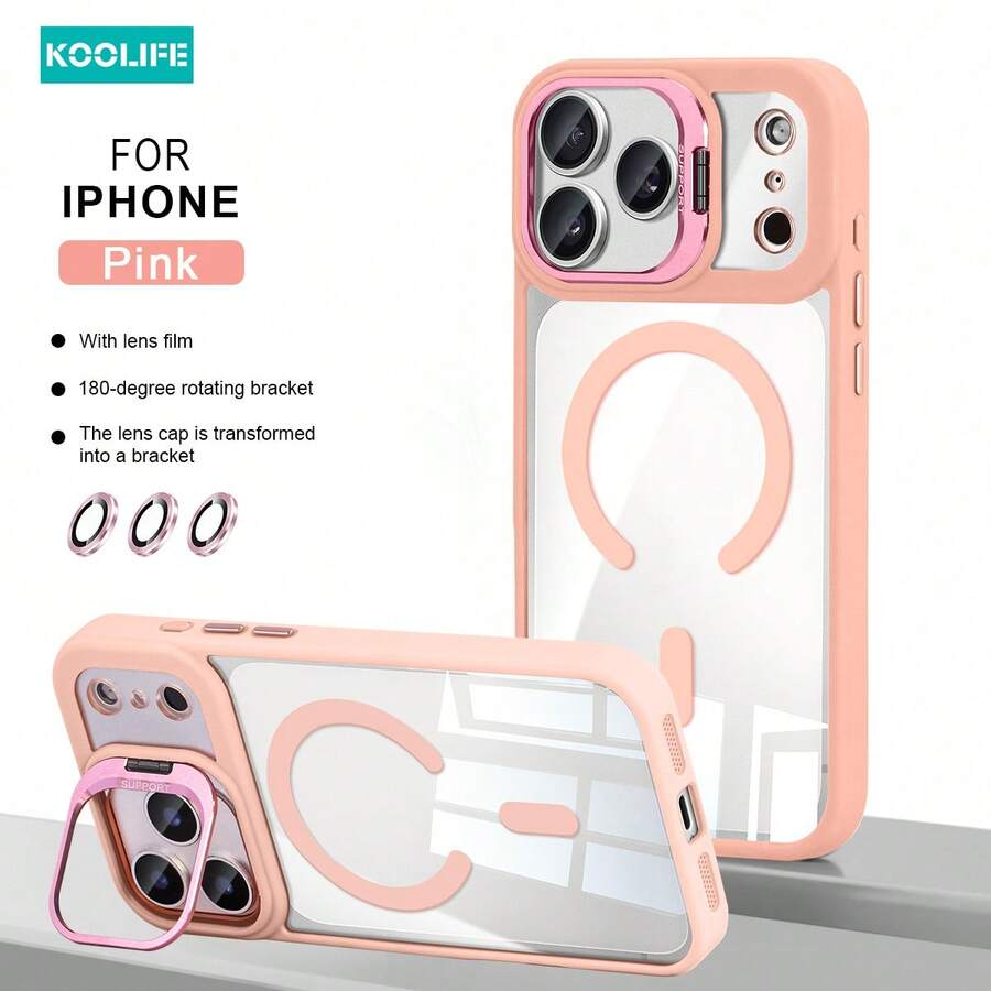Koolife 1pc Premium Ultra-Protective MagSafe Wireless Charging Phone Case, High-Transparent PC Backplate Retains Original Phone Color, Built-In Eagle Eye Glass Frame & Stand, 2-In-1 Full-Body Design, Waterproof, Anti-Fall, Anti-Shock, Anti-Scratch, Compatible With IPhone 17 Pro Max/17/17 Pro/17 Air/16/16 Pro/16 Plus/16 Pro Max/12/13/14/15 Pro/Plus/Pro Max - Pink - View 1
